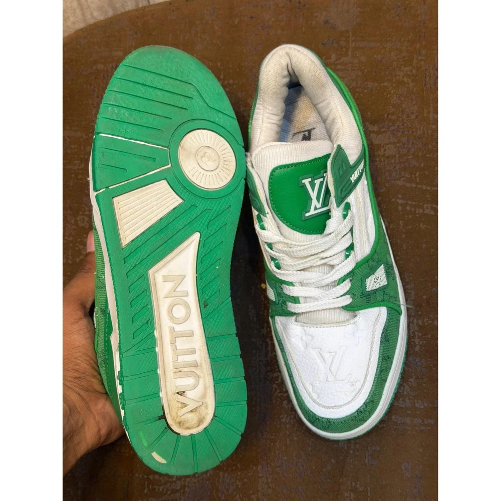 Louis Vuitton Trainer Sneaker Green White Monogram Denim Leather MS0241 Size 44